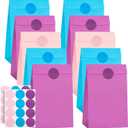 Cooraby 30 Pieces 5.1 x 3.1 x 9.4 Inches Colorful Kraft Paper Bags with 48 Stickers Party Treat for Wedding, Celebration, Birthday Party Supplies (Sky Blue, Light Purple, Pink)
