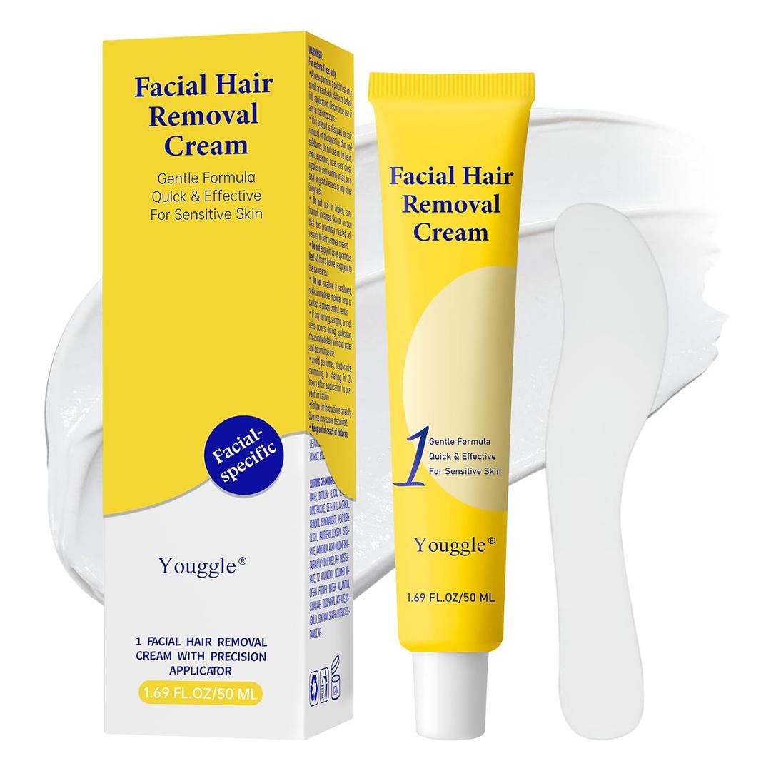 Facial Hair Removal For Women, Painless & Gentle Hair Removal Cream | Chin | Upper Lip | Cheeks for Sensitive Skin (5 Min, 7 Days) - 1.68Fl Oz