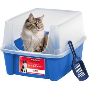 IRIS USA Large Open Top Cat Litter Box with High Sided Walls, Tall Scatter Shield, Scoop Included Easy Clean Plastic Pan Stain Resistant for Big Cats Kittens Indoor Multi-Cat Households (Blue)