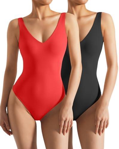 SUUKSESS Women 2 Piece Thong Bodysuit Sexy V Neck Backless Sleeveless Tank Tops Body Suits (Black & Red, S)