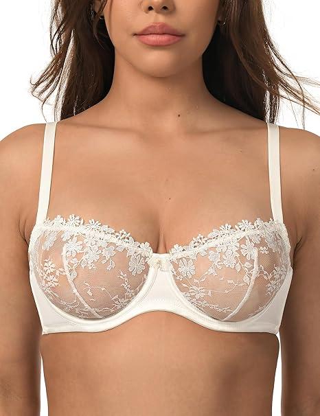 Wingslove Women's Sexy Lace Bra Demi Sheer Mesh Balconette See Through Bralette Unlined Underwire Embroidered (White, 38 D)