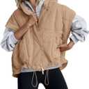 Nirovien Womens Oversized Puffer Vest Sleeveless Quilted Jackets Button Zip Up Hoodie Poncho Coats with Pockets (Large, Light Coffee Brown)