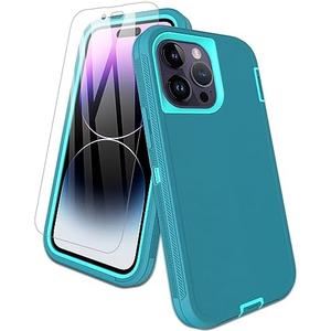 Aliruke for iPhone 14 Pro Max Case, with Screen Protector, Dust-Proof Port Cover, Full-Body Non-Slip Silicone Rubber Covered, Military Grade Drop-Proof Shockproof Phone Case, Mint/Teal