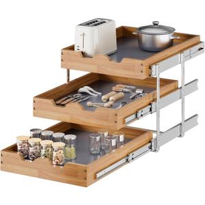 OCG Pull Out Cabinet Drawer 17" W x 21" D, 3 Tier Pull Out Cabinet Organizer, Heavy-Duty Slide Out Drawer for Cabinets, Organization for Kitchen, Pantry, Bathroom