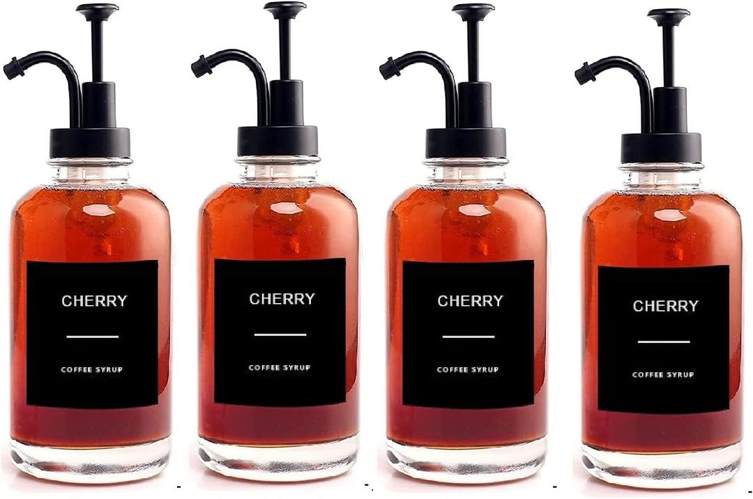 Coffee Bar Accessories Coffee Syrup Dispenser with Labels,500ML Glass Dispenser Syrup Pump Dispenser(4pc Black)