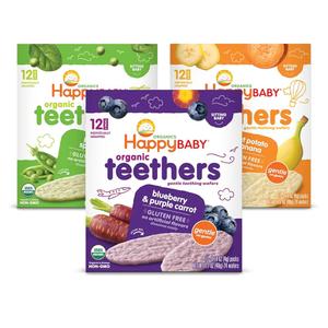 Happy Baby Organics Teether Blueberry & Purple Carrot Best By Jan. 10, 2026,Sweet Potato & Banana Best By Jan 2, 2026, Pea & Spinach Best By Nov  9, 2026, 3 Flavor Variety Pack, 12 Count (Pack of 3)