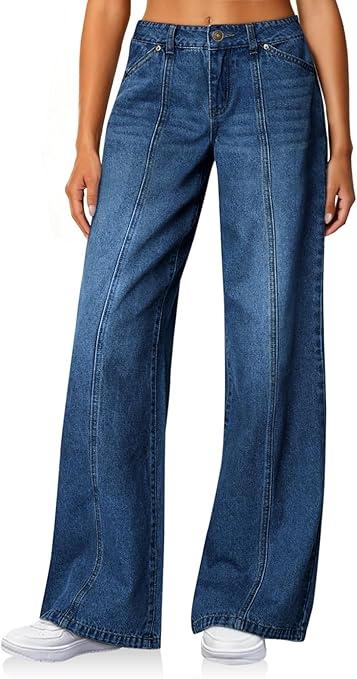Cicy Bell Womens Wide Leg Jeans High Waisted Baggy Stretchy Front Seam Denim Pants with Pockets (Size 10)