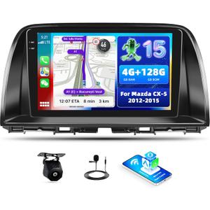 [4G+128G] Car Radio for Mazda CX-5 2012-2015 with Wireless CarPlay Android Auto,9 inch Touchscreen Android 15 Mazda CX-5 Car Stereo with WiFi,GPS Navigation,Bluetooth,FM/RDS SWC EQ+Backup Camera