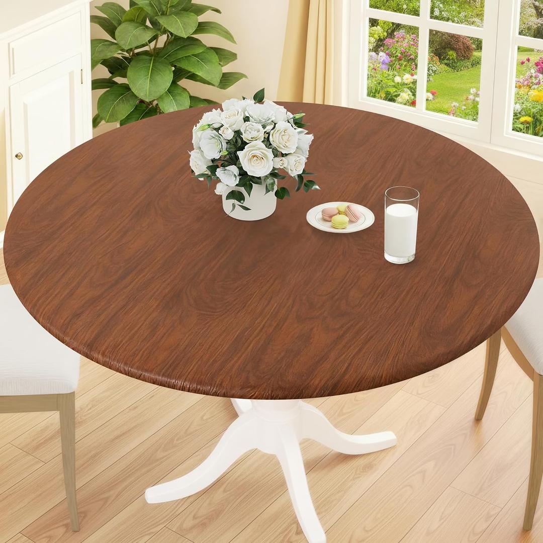 Smiry Round Picnic Tablecloth, Waterproof Elastic Fitted Table Covers for 45" - 56" Tables, Wipeable Flannel Backed Vinyl Tablecloths for Camping, Indoor, Outdoor, Brown