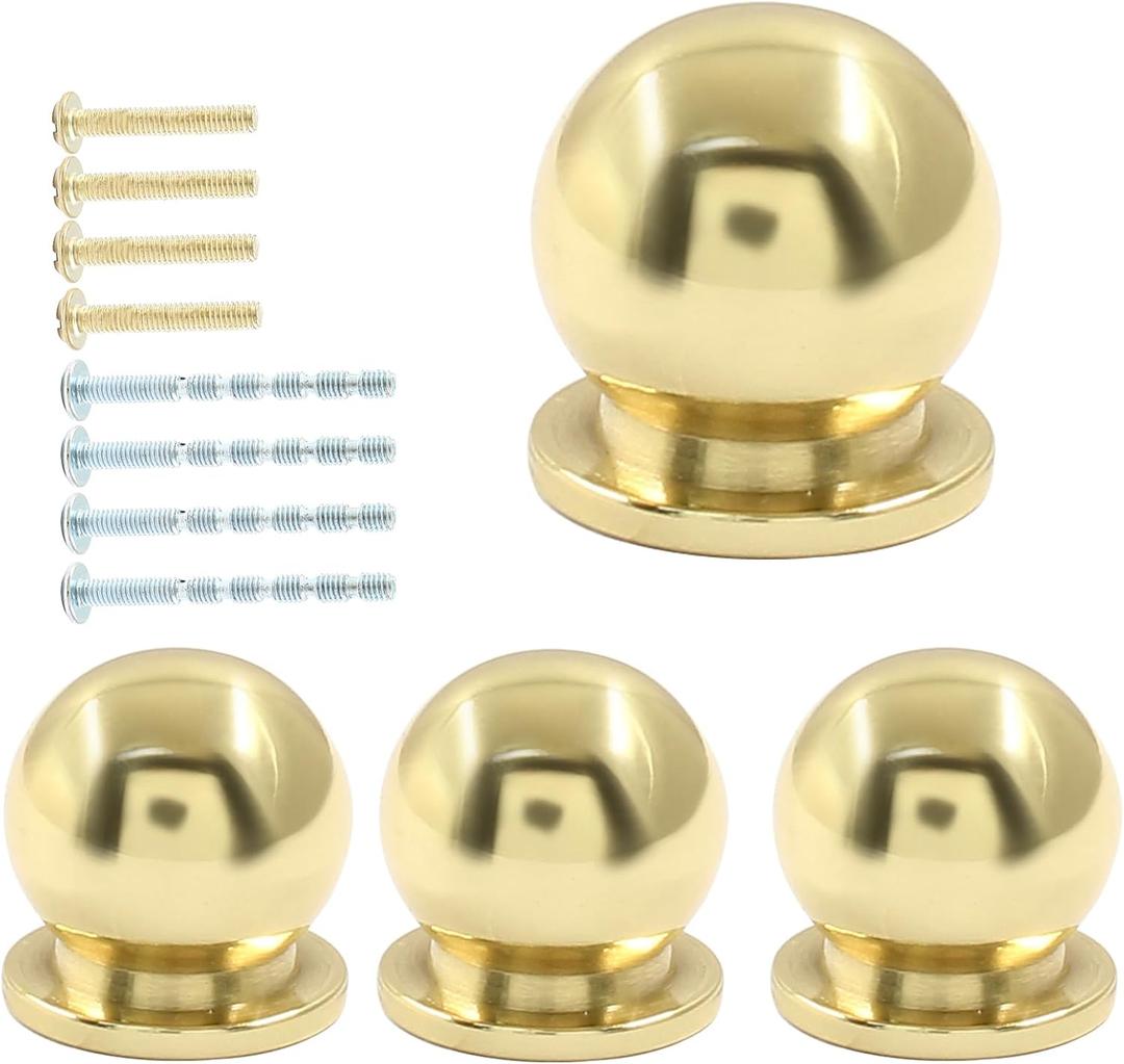 Jiozermi 4 Packs Mini Round Solid Brass Knobs, 1/2 Inch Diameter Brass Pulls, Gold Mini Drawer Pulls, Mini Knobs for Jewelry Box, Polished Gold