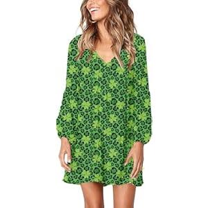 Roshop St Patricks Day Dress Women Bell Sleeve V Neck Cute Lucky Green Clover Irish Shamrock Holiday Dresses (Small, Lucky Green)