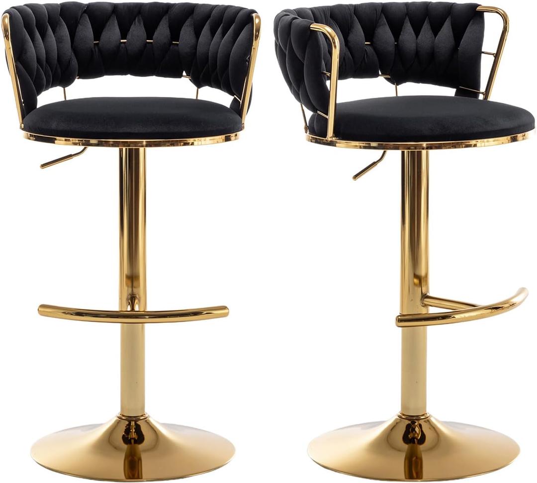 Velvet Bar Stools Set of 2, Counter Height Barstools with Low Back, Gold Swivel Bar Stool for Kitchen Island, Pub (Black)