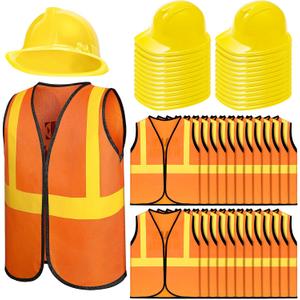 Hillban 48 Pcs Kids Construction Worker Costumes Includes 24 Pcs Construction Vests and Hats for Kids Birthday Party Halloween Worker Costume Cosplay Favor Decoration (Orange)