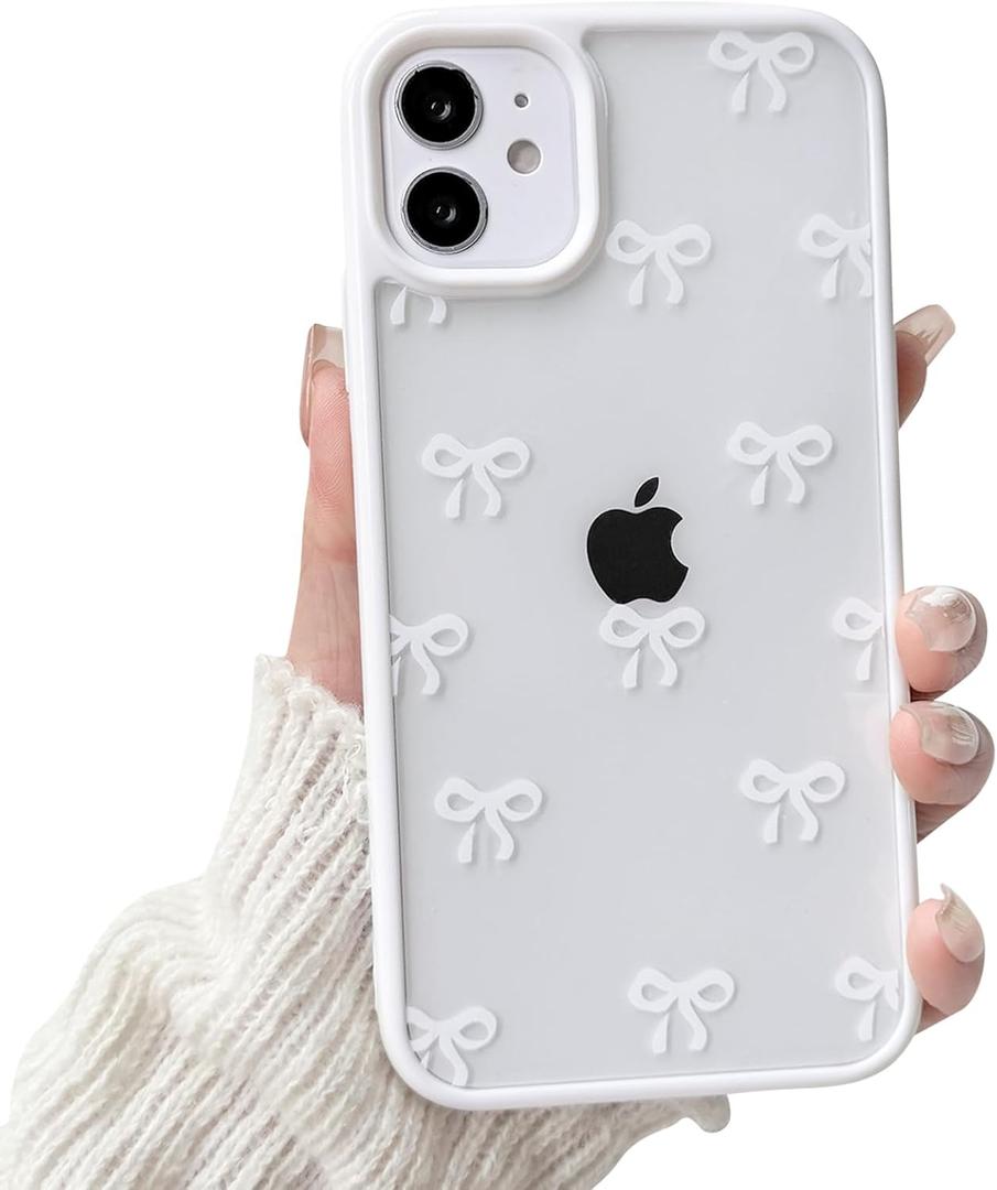 NITITOP Compatible with iPhone 11 Case Cute Clear Bowknot Pattern for Women Girl Bow Ribbon White Frame Design Shockproof Protective Girly Phone Cover - White Bow