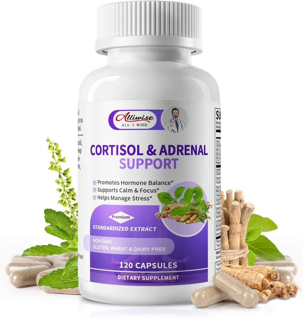 Cortisol Supplements for Women & Men - Adrenal Support with Ashwagandha, L-Theanine & Holy Basil for Stress Relief, Mood & Steady Focus - Hormone Balance - 120 Vegan Capsules (EXP 05/01/27)