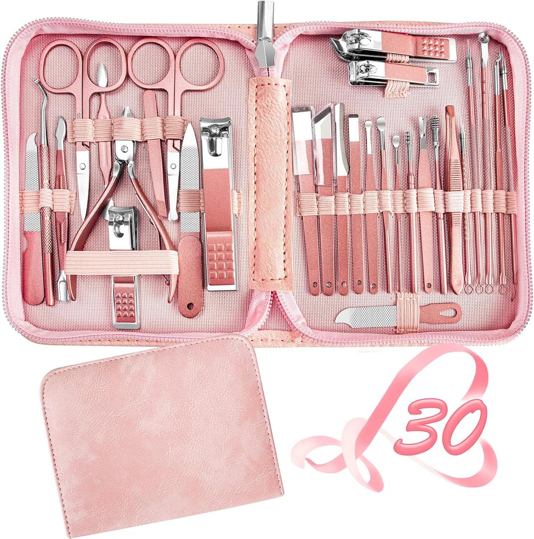 Manicure Set 30 in 1 Nail Clipper set, REDFLOW nail clippers, fingernail & toenail clippers, Manicure Tools, pedicure tools, Suitable for Travel Manicure Kit, Nail Set Kit With Everything Profe (Pink)
