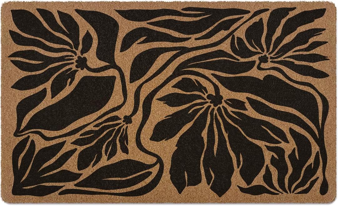 Boho Floral Door Mat, Black Boho Floral Doormat, Flower Welcome Front Door Mat Outside Indoor Outdoor Entrance, Botanical Artificial Coir Doormats Rugs for Patio Entry Home Decor, 30x17in