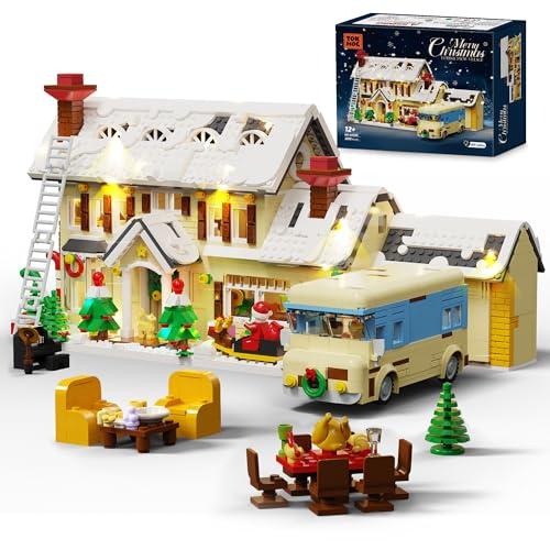 AKVOESS Christmas House Village Building Blocks Set with Light, Snow Cabin and Camper Holiday Scene Model Kit, Winter Vacation Building Toy Gift for Adults, 2098pcs