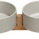 SPUNKYJUNKY Ceramic Dog and Cat Bowl with Wood Stand Non-Slip Matte Glaze Weighted Food Water Set for Cats &Small Dogs 13.5OZ (1.7 Cups, Grey  2)