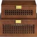 2PCS Decorative Rattan Storage Boxes Solid Wood Baskets Bins with Lid Keepsake Memory Jewelry Box Natural Boho Shelf Wicker Closet Desk Organizer Container (Walnut, 1 Large 1 Small)
