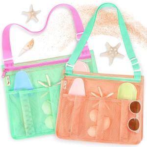 Tagitary Beach Toys Kids Mesh Beach Bags with Zipper, Seashell Collecting Crossbody Sand Toys Bag for Boys Girls Quick Dry Summer Pool Vacation Travel Essentials