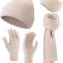 Breathffy 4 Pcs Winter Hat Scarf Gloves Headband Set Knit Beanie Touch Screen Gloves Long Scarf Valentine Gift for Women Men (Beige)