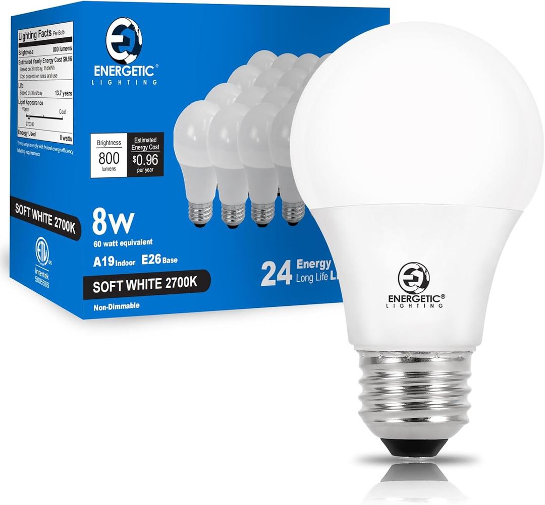 E ENERGETIC LIGHTING Light Bulbs 60 Watt Equivalent Soft White, 8W 800LM, 15000 Hrs E26 Base, A19 2700K Light Bulbs, ETL Listed, Non-Dimmable, 24-Pack