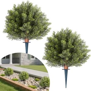 VEVOR Artificial Topiary Cypress Trees with Ground Spike, 16 inch 2 Set Faux Shrubs & Bushes Potted Plants, Fake Silk Tree Look Real for Decor Front Porch Outdoor Indoor Patio Garden Balcony Backyard