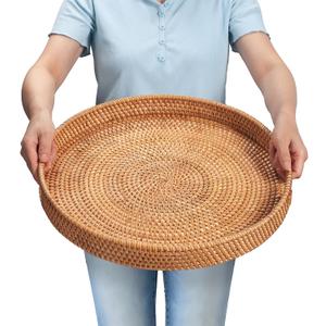 Rattan Large Serving Tray, Wicker Round Fruit/Bread Serving Basket, Extra Large Decorative Ottoman Tray for Living Room, Coffee Table, Breakfast, 16.9 inch