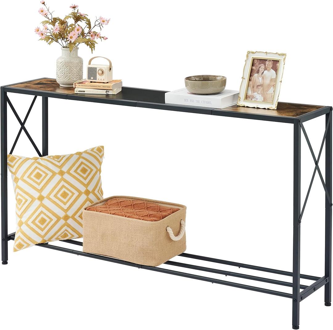 Tajsoon 55.1 Inch Console Table, Industrial entryway Table, Narrow Sofa Table with Shelves, Hallway Table for Entryway, Entrance, Living Room, Foyer, Corridor, Office, Rustic Brown & Black