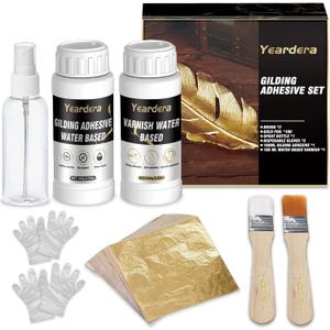 Yeardera Gold Leaf Kit, 100ml Gilding Adhesive and Varnish with 100 Gold Leaf Sheets for Arts, Crafts, Painting, Furniture, and Decoration