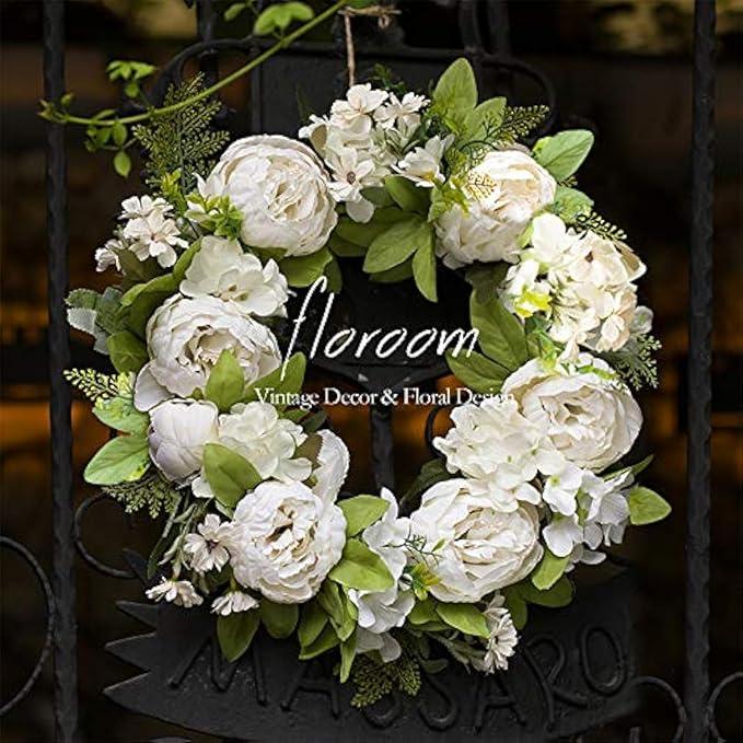Floroom Floral Wreath, Artificial White Peony Wreath, 15''-16'' Front Door Decorations Wall Decor