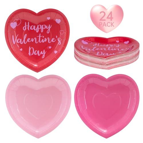 Pack of 2, 24 Pcs Happy Valentine's Day Plates - Red Pink Heart Shaped Paper Plates, Disposable Love Heart Dinner Dessert Plate Tableware for Valentines Day Anniversary Wedding Party Supplies, 7.5 x 7.5 Inch