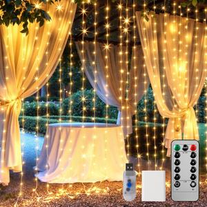 Brightown 300 LED Curtain String Lights, 9.8 FT Hanging Fairy Lights with Remote, 8 Modes, Waterproof Window Lights for Bedroom Backdrop Wedding Outdoor Party Christmas Decorations (Warm White)
