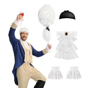 Founding Fathers Costume Colonial Style Judge Wig Lace Jabot and Cuffs Set, Perfect for Halloween, Cosplay, Party (White)