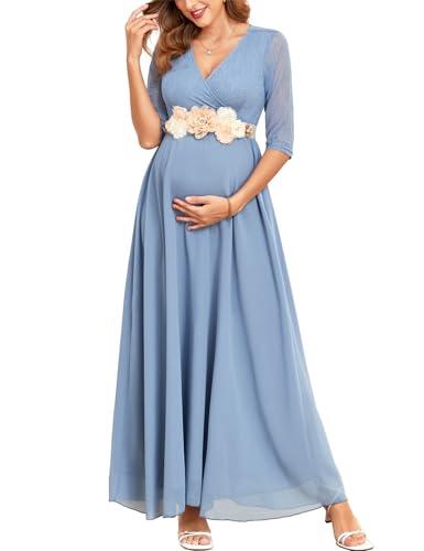 AISWI 3/4 Sleeve Maternity Dress Leaf Lace Contrast Chiffon V Neck Wrap A Line Flowy Pregnancy Dresses for Baby Shower, Light Blue, X-Large