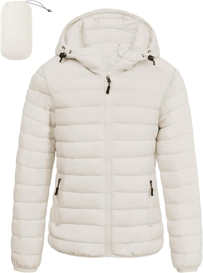 Women's Lightweight Packable Puffer Jacket Quilted Insulated Warm Winter Coat Full-Zip Hooded Outerwear for Hiking Travel (Large, Off-white)