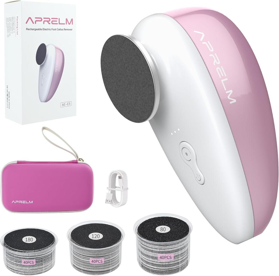 APRELM Rechargeable Electric Foot Callus Remover with 3-Sizes 120Pcs Sandpapers, Professional 1000RPM Electric Foot File with Organizer, Pedicure Tools Gifts for Women Men (E5 Pink-White)