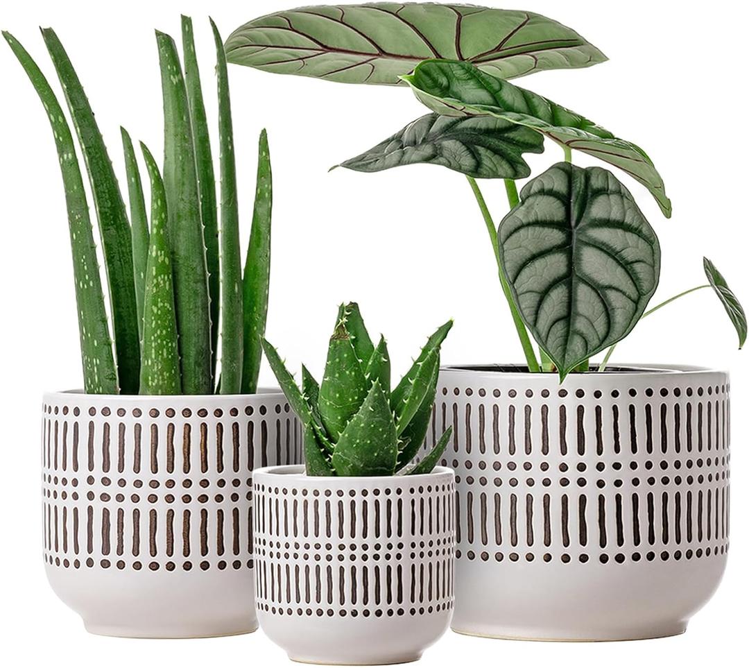 Docrin 3-Pack Ceramic Planters Set - 6.5"+5.3"+4" Dual-Tone Flower Pots with Drainage Holes, Modern Indoor Outdoor Planters for Succulents/Herbs/Large Plants, Home Office (Brownish Black & White)