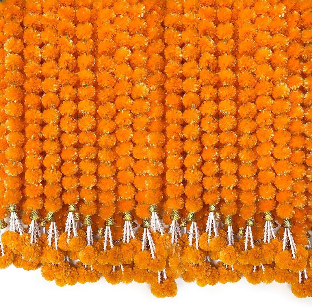 5 PCS Marigold Garland for Decoration 5 feet Long Artificial Marigold Flowers with Bell Indian Decor for Home Pooja Diwali (Orange)