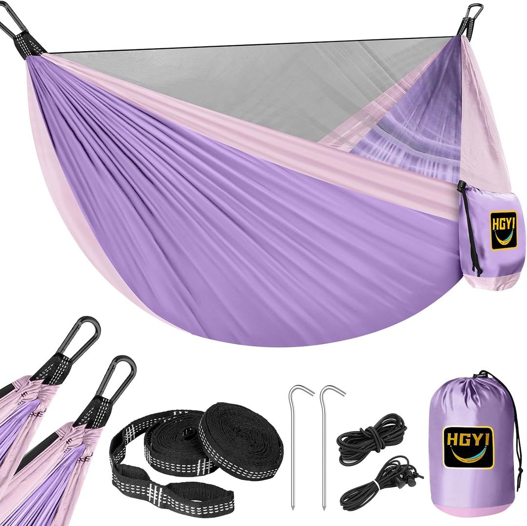 Camping Hammock Mosquito Net, Double & Single Portable Hammocks for Kids Hammocks with 2 Tree Straps, Hammock Tent for Travel Camping, Camping Accessories for Indoor Outdoor Hiking Backpacking, Purple Pink Small