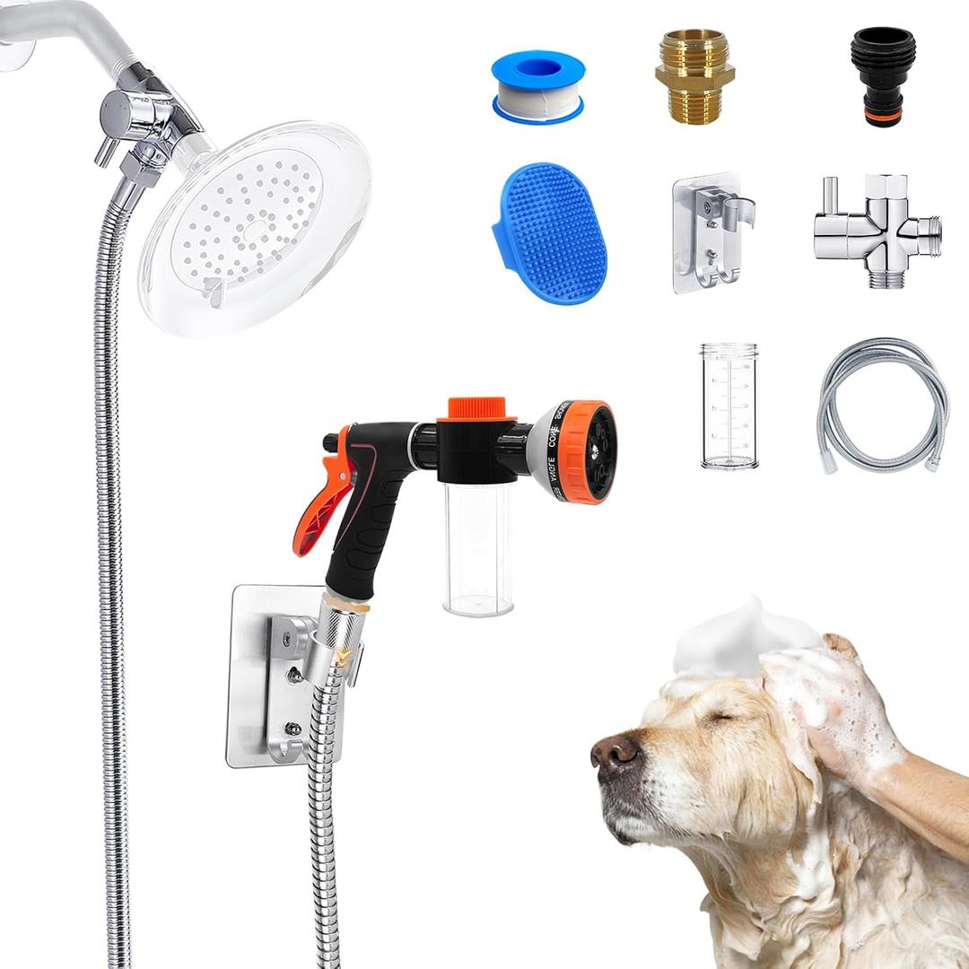 Dog Shower Attachment Water Hose Nozzle Sprayer Set with Metal 3-Way Shower Diverter & 6.6 Ft Long Hose for Bathroom Shower Arm Easy Indoor Outdoor Pet Pup Dog Washing Hose attachment (Silver)