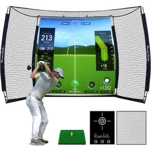 Golf Cage with Impact Screen, 10x8 Ft Golf Hitting Net w/Sound-Dampening Cloth, Practice Mat, Golf Simulator Enclosure, Indoor & Outdoor Driving Chipping Equipment for Home, Backyard & Garage