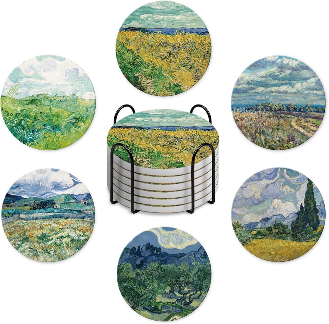 2 x Van Gogh Painting Style Coasters Set of 6 with Holder and Cork Base-4in Absorbent Ceramics Art Coaster for Tabletop Protection Drink Coasters-Coffee Table,Home Decor-Housewarming Gifts for New Home