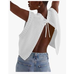 Soly Hux Women Y2K Backless Tie Up Knit Crop Sweater Vest Sleeveless Round Neck Split Open Back Pullover Summer Tank Top M