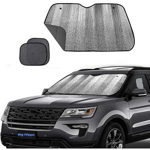 Big Hippo Windshield Sun Shade, Car Window Shade as Bonus Keep Vehicle Cool Windshield Sunshade Protect Your Car from Sun Heat & Glare Best UV Ray Visor Protector -Silver/Black (Size: 55.16X 27.5inch)