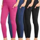 ATHVOTAR Girls Leggings with Pockets: High Waisted Yoga Workout Athletic Dance Running Pants 4 Packs (14-15 Years, 4 Pack - Black/Black/Navy/Rose)