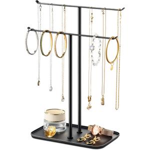 pickpiff Necklace Holder Jewelry Organizer Stand  2Tier TBar Jewelry Display Tree with Tray for Countertop Necklace Bracelet Earring Storage, Vanity Dresser Bathroom Sink, Black