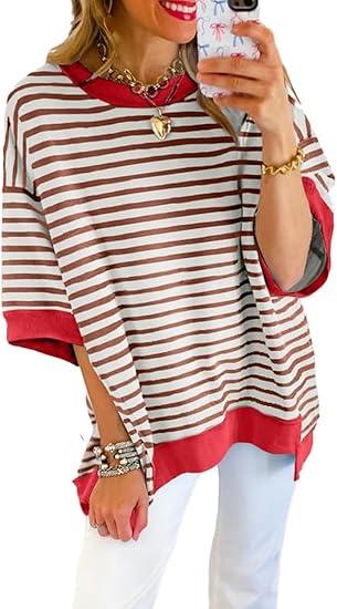 SHEWIN Womens Tops Casual Short Sleeve Sweatshirt Crewneck Striped Shirt Pullover T Shirts Loose Blouses, Brown Stripe, L