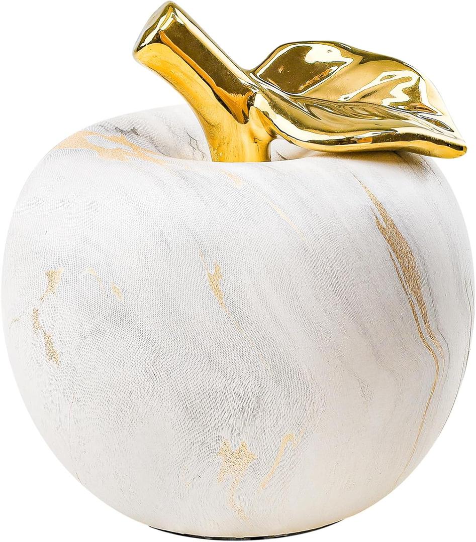 Folmywy Ceramic Apple Ornament 5 Inch Porcelain Artificial Fake Apple Figurine White Modern Apples Statue with Gold Stem Home Decoration for Christmas Centerpieces Bookshelf Office
